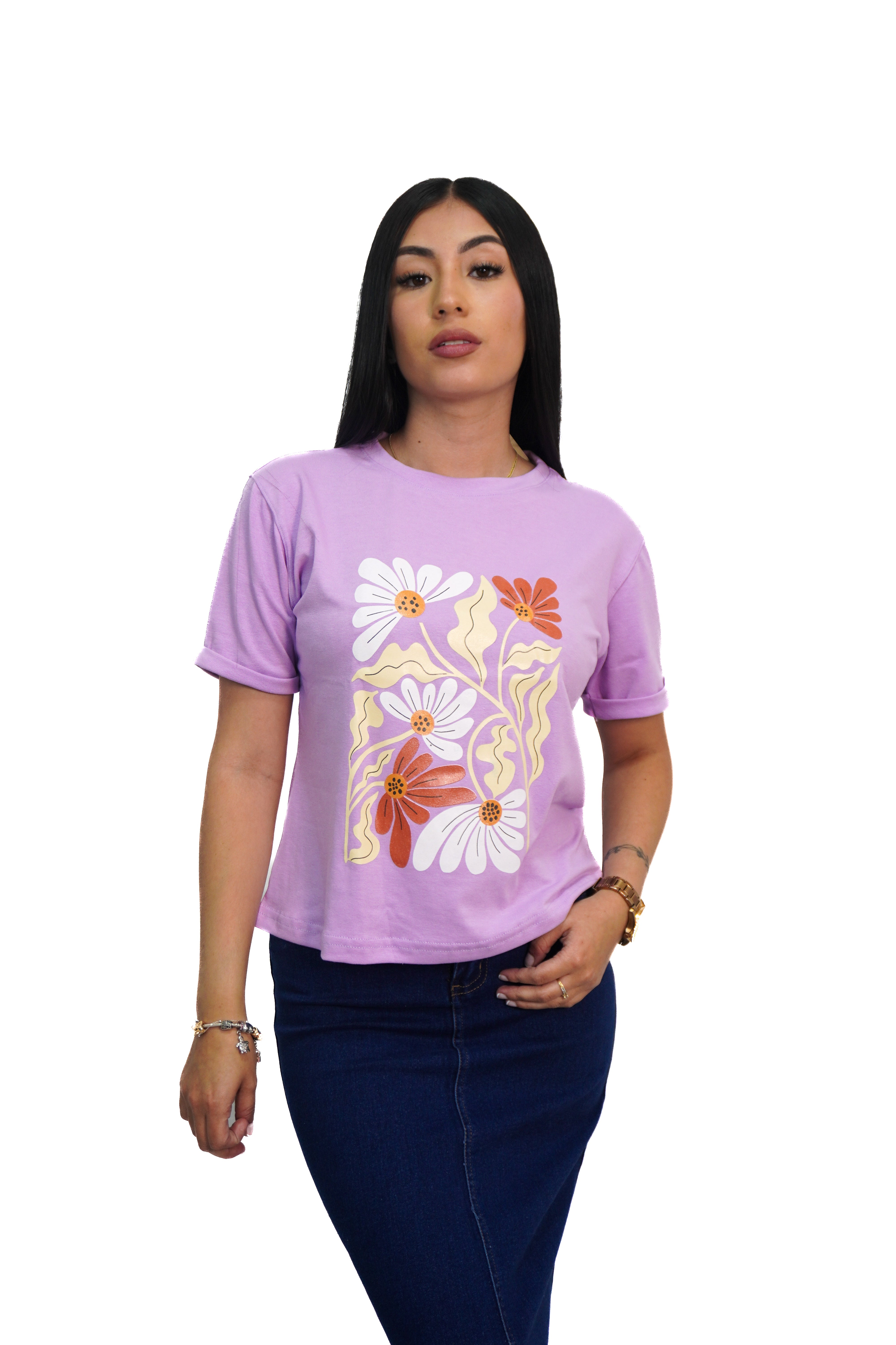 Camiseta estampado cuadro de flores manga corta
